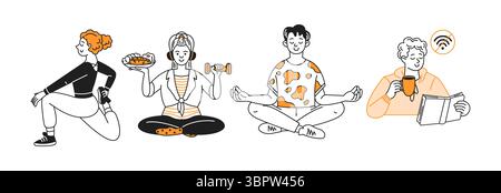 Quatre personnages de dessins animés sont engagés dans diverses activités. On s'étire, un autre tenant de la nourriture et des poids, un méditant, et un autre buvant c Illustration de Vecteur