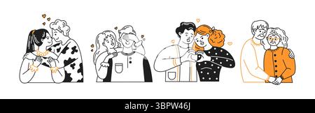 Illustration de dessins animés de divers couples montrant l'affection et l'amour de manières charmantes. Chaque couple pose de manière unique véhiculant la joie et la connexion sur un whit Illustration de Vecteur