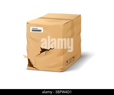 Illustration réaliste d'une boîte en carton endommagée avec une déchirure notable. L'emballage brun est légèrement bosselé. Idéal pour les thèmes d'expédition et de logistique. Illustration de Vecteur