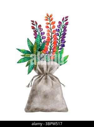 Fleurs de lupin roses et violettes et feuilles vert vif dans un sac en toile kraft avec des cordes. Clip isolé pour aquarelle dessiné à la main Banque D'Images