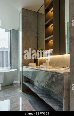 Cette luxueuse salle de bains moderne présente des murs et des sols en marbre gris, un meuble-lavabo élégant, un miroir et une baignoire autoportante près d''une grande fenêtre. Banque D'Images