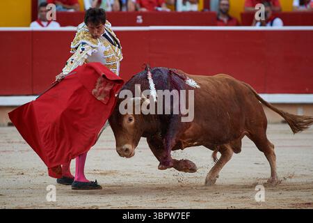 Pampelune, Espagne. 09 juillet 2025. Roca Rey effectue une passe de poitrine à l'un des taureaux Alvarez Nunez pesant 540 kilos aux arènes de Pamplona pendant le festival de San FermÌn en 2025. (Photo par Elsa A Bravo/SOPA images/SIPA USA) crédit : SIPA USA/Alamy Live News Banque D'Images