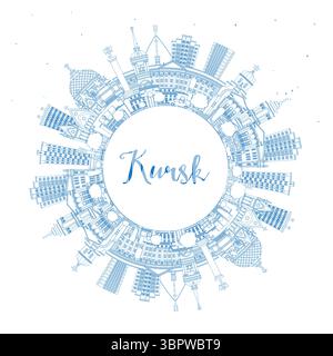 Esquissez l'horizon de la ville de Kursk Russie avec des bâtiments bleus et un espace de copie. Illustration vectorielle. Paysage urbain de Koursk avec des points de repère. Voyages d'affaires et tourisme Illustration de Vecteur