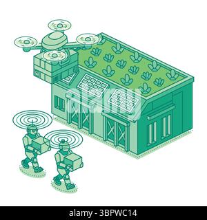 Entrepôt vert isométrique avec panneaux solaires, drone de livraison et robots transportant des colis. Concept de logistique intelligente, d'automatisation et de durabilité. Illustration de Vecteur