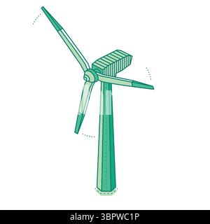 EOLIENNE isométrique. Énergie renouvelable, production d'énergie propre et technologie durable pour une production d'électricité respectueuse de l'environnement. Illustration de Vecteur