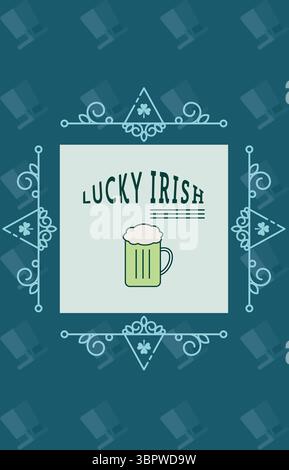 Montrant un design plat avec LUCKY IRISH au-dessus de la tasse de bière verte encadrée par Celtic scrollwork sur sarcelle Banque D'Images