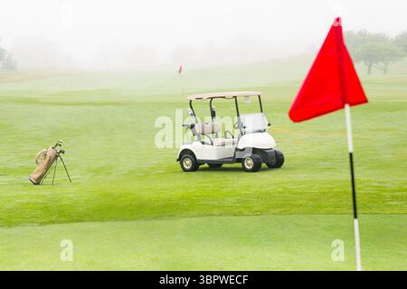 Chariot de golf blanc à deux places est assis sur le fairway brumeux dans l'illustration vectorielle avec sac, drapeau rouge Banque D'Images