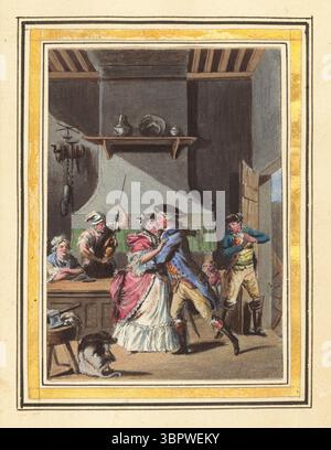 Gravure colorée à la main tirée de histoire de Manon Lescaut (volume I), publiée en 1797. Cette scène domestique animée montre une étreinte flirtante entre un jeune couple en tenue du XVIIIe siècle, observé par les mécènes de la taverne et un chien au premier plan. Inspirée du roman d’Antoine-François Prévost, cette illustration a été créée par divers artistes français dont Louis-Joseph Lefevre et Jacques-Joseph Coiny. Banque D'Images