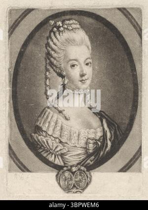 Marie-Antoinette, vers 1774 gravure de l'artiste britannique Richard Brookshaw. Ce portrait raffiné capture la jeune reine de France dans une robe de cour élaborée et une coiffure ornée, typique de la mode aristocratique française du XVIIIe siècle. Le cadre ovale et l'écusson décoratif ci-dessous soulignent son statut royal pendant les premières années de son règne. Banque D'Images