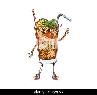 Cocktail long Island, soda groovy. Rafraîchissant cocktail froid rétro vecteur personnage, mascotte joyeuse en verre de boisson d'alcool. Long Island boisson groovy caractère avec citron, menthe et glace Illustration de Vecteur