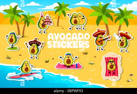 Pack d'autocollants personnages d'avocat de dessin animé. Avocats fruits mexicains mariachi musiciens, surf et bains de soleil sur la plage, tenant gâteau d'anniversaire, jogging et faire yoga personnages vectoriels autocollants ensemble Illustration de Vecteur
