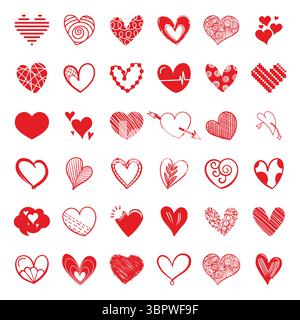 Collection Doodles de coeurs rouges dessinés à la main, icônes de formes de coeurs. Illustration de Vecteur