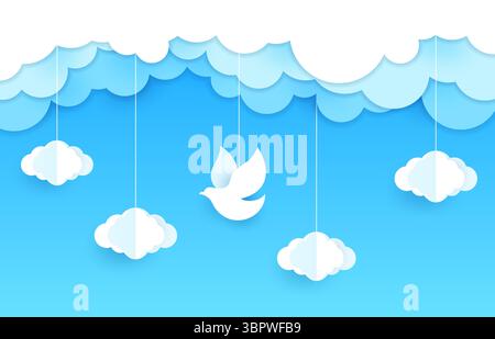 Le pigeon blanc et le papier de colombe coupent l'oiseau dans les nuages. Liberté, rêve et religion chrétienne espoir concept de vecteur de coupe de papier, papier peint de découpe. Oiseau de colombe blanc volant dans le fond de papier de ciel ou toile de fond 3D. Illustration de Vecteur