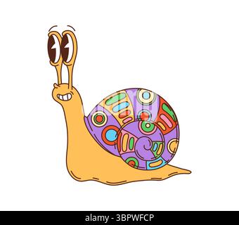 Personnage d'escargot groovy rétro ou symbole hippie. Groovy personnage comique limace avec de grands yeux et un motif psychédélique sur la coquille. Personnage d'escargot joyeux autocollant vectoriel isolé, symbole rétro de dessin animé des années 80 Illustration de Vecteur