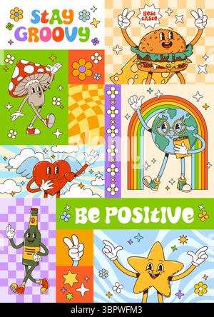 Affiche de collage de personnages de dessin animé groovy avec hamburger joyeux, champignon amanita, coeur avec des ailes, planète terre, étoile et bouteille de paix sur fond hippie 70S avec ambiance rétro y2k, arc-en-ciel et fleurs Illustration de Vecteur