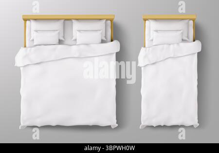 Vue de dessus de lit moderne dans les tailles doubles et simples avec oreillers blancs et couvertures sur cadres jaunes et tête de lit. Maquette de meubles de chambre à coucher, agencements de design d'intérieur pour les présentations de visualisation de pièce. Illustration de Vecteur