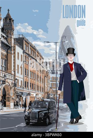 Vue sur la rue londonienne avec un élégant gentleman, un taxi noir et la 30 e mary hache, capturant l'essence classique et moderne de la ville Illustration de Vecteur