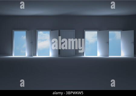 Les portes s'ouvrir dans une pièce sombre pour montrer sky Banque D'Images