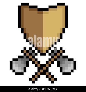 Bouclier et deux axes croisés dans le style pixel art. Illustration de Vecteur
