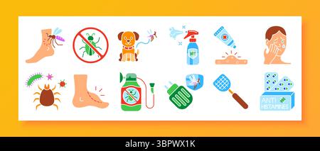 Icône de réglage du contrôle des insectes. Les icônes incluent piqûre d'insecte sur le pied, signe d'insecte barrée, chien avec moustique, spray répulsif, crème de guérison, visage irrité, t Illustration de Vecteur