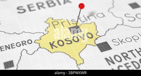 Kosovo, Pristina - punaise sur la carte politique - illustration 3D. Banque D'Images