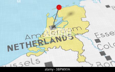 Pays-Bas, Amsterdam - punaise sur la carte politique - illustration 3D. Banque D'Images