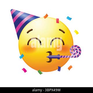 Party emoji avec chapeau de fête et corne. Icône vectorielle d'émoticône de célébration. Illustration de Vecteur