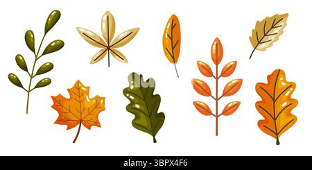 Une collection complète d'illustrations de doodle dessinées à la main représentant diverses feuilles et branches d'automne dans des tons verts, oranges et jaunes. Ceci ve Illustration de Vecteur