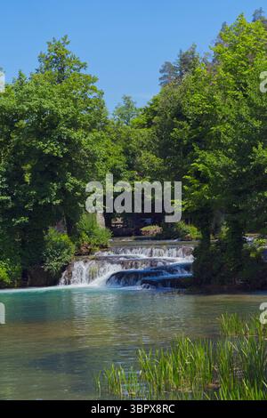 Une scène naturelle sereine avec des cascades se jetant dans une piscine claire et tranquille, entourée d'arbres verdoyants sous un ciel bleu vif Banque D'Images