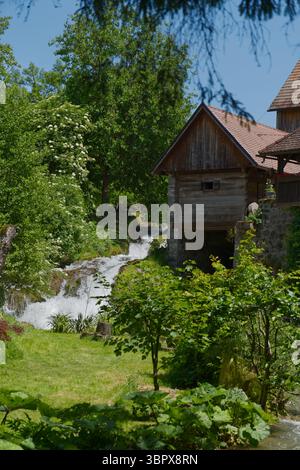 Une maison en bois pittoresque se dresse à côté d'une cascade, entourée d'arbres verdoyants et d'un feuillage vibrant sous un ciel bleu clair Banque D'Images