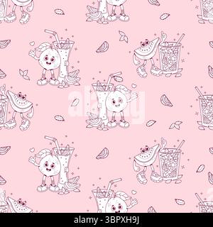 Contour du motif sans couture. Mignon personnage de Guava Groovy avec cocktail de boisson avec glaçons et feuilles de menthe sur fond rose. Drôle de dessin animé rétro perso Illustration de Vecteur