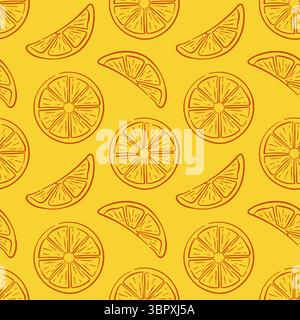 Modèle sans couture avec des tranches de citron sur fond jaune dans le style art au trait. Parfait pour l'emballage alimentaire de livraison, papier peint de cuisine, design d'été Illustration de Vecteur
