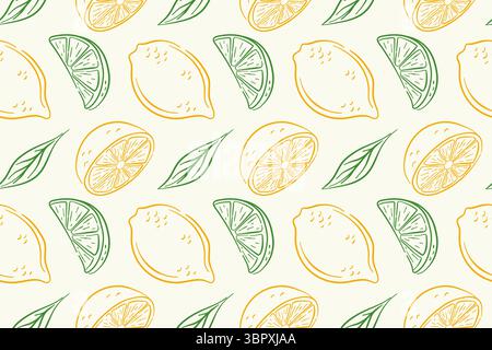 Motif de citron coloré avec des agrumes et une tranche juteuse dans le style art au trait. Fond sans couture pour l'emballage, le papier peint, l'impression de cuisine ou frais Illustration de Vecteur