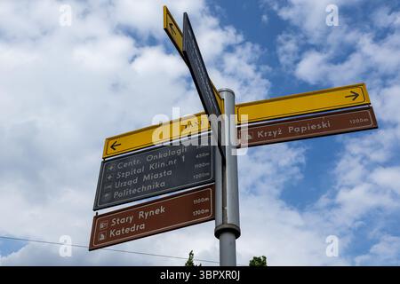 Poznan, Pologne - 18 juin 2025 : panneau de signalisation détaillé avec panneaux jaunes et bruns, guidant vers le 'TAXI', les principaux monuments de la ville et les commodités publiques Banque D'Images