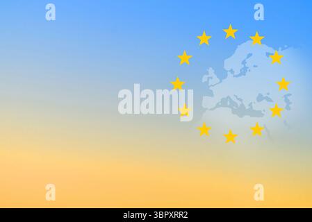 Étoiles jaunes en cercle formant le symbole de l'UE autour de la carte de l'Europe Banque D'Images