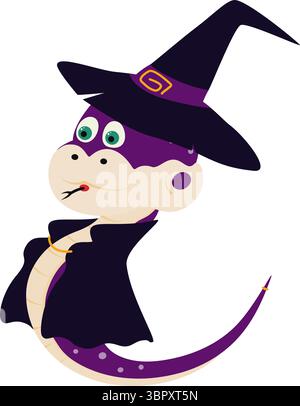 Sorcière dessinée à la main Snake dans le chapeau et Cape Cute Halloween personnage Holiday Thematic Design élément idée. Icône d'autocollant d'illustration vectorielle isolée Halloween contenu connexe cartes de vœux, dépliant, messages Illustration de Vecteur
