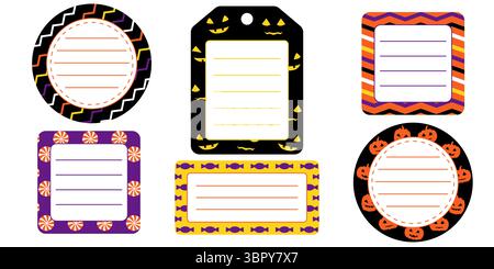 Ensemble d'autocollants et d'étiquettes avec chauves-souris, araignées, chapeau whitch dans les couleurs orange, violet, jaune et noir. Étiquettes sur le thème de l'Halloween. Rond, carré et Illustration de Vecteur