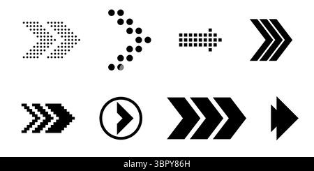 Icône de flèches de balayage moderne définie avec des symboles de ligne et de pixel pour le défilement de la diapositive suivante avec des flèches vectorielles de gestes de doigt et de main pointant vers l'intérieur Illustration de Vecteur