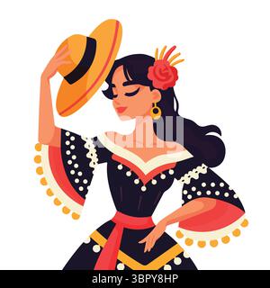 Belle femme hispanique en robe traditionnelle tenant chapeau illustration vectorielle. Illustration de Vecteur