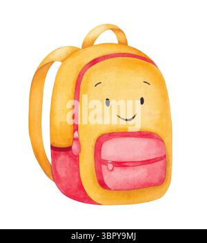 Sac d'école pour enfants dessiné à la main. Illustration aquarelle de sac à dos isolé sur fond blanc Banque D'Images