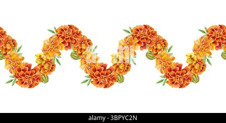 Bordure horizontale sans couture de marigolds. Guirlande de fleurs. Illustration d'aquarelle dessinée à la main isolée sur blanc. Pour cartes de vœux, invitations, étiquettes Banque D'Images
