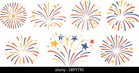 Collection d'icônes de feu d'artifice rouge jaune bleu et blanc isolées dans un style plat. Inclut diverses formes d'étoile. Illustration de Vecteur