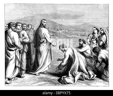 Illustration d'esprits impurs tombant devant Christ 's'exclamant que vous êtes le fils de Dieu' Jésus Christ leur disant de ne pas le faire connaître (Marc Banque D'Images