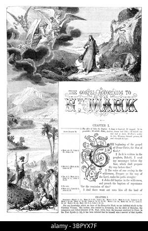 Page de titre de l'Évangile selon Saint Marc représentant Jésus-Christ tenté et saint Jean-Baptiste prêchant dans la nature sauvage de l'Antiquité 19e. Banque D'Images