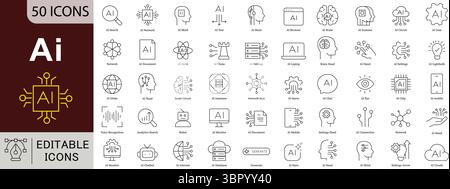 Jeu d'icônes de ligne modifiables AI pour les concepts d'intelligence artificielle, d'apprentissage automatique et de technologie des données Illustration de Vecteur