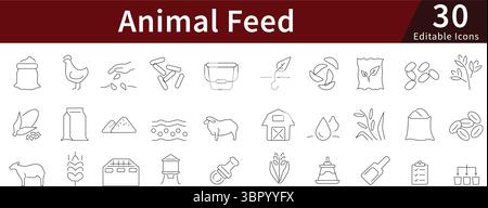 Jeu d'icônes de ligne modifiables pour l'alimentation animale pour l'agriculture, la nutrition du bétail et les concepts d'approvisionnement en aliments pour animaux Illustration de Vecteur