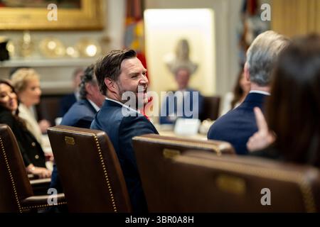 Le vice-président JD Vance partage un rire lors d’une réunion du Cabinet dirigée par le président Donald Trump dans la salle du Cabinet de la Maison Blanche. 8 juillet 2025. Banque D'Images