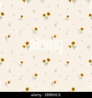 Motif aquarelle sans couture avec marguerites, tournesols et abeilles. Illustrations florales et d'insectes dessinées à la main, parfaites pour les textiles pour enfants, pépinière Banque D'Images