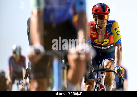 Vire Normandie, France. 10 juillet 2025. Sixième étape du Tour de France 2025 à vélo, de Bayeux à Vire Normandie (201 km), le jeudi 10 juillet 2025 en France. La 112ème édition du Tour de France débute le samedi 5 juillet à Lille, France, et se terminera à Paris, France, le 27 juillet. BELGA PHOTO JASPER JACOBS crédit : Belga News Agency/Alamy Live News Banque D'Images