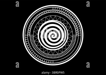 Mandala spirale ethnique, géométrie sacrée, formes géométriques cercles et triangles, conception de logo mystique, icône de tatouage blanc, motifs mexicains, magie occulte Illustration de Vecteur